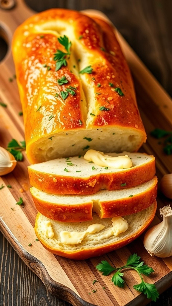 Sliced garlic bread with golden crust, topped with parsley, on a wooden board with garlic cloves.